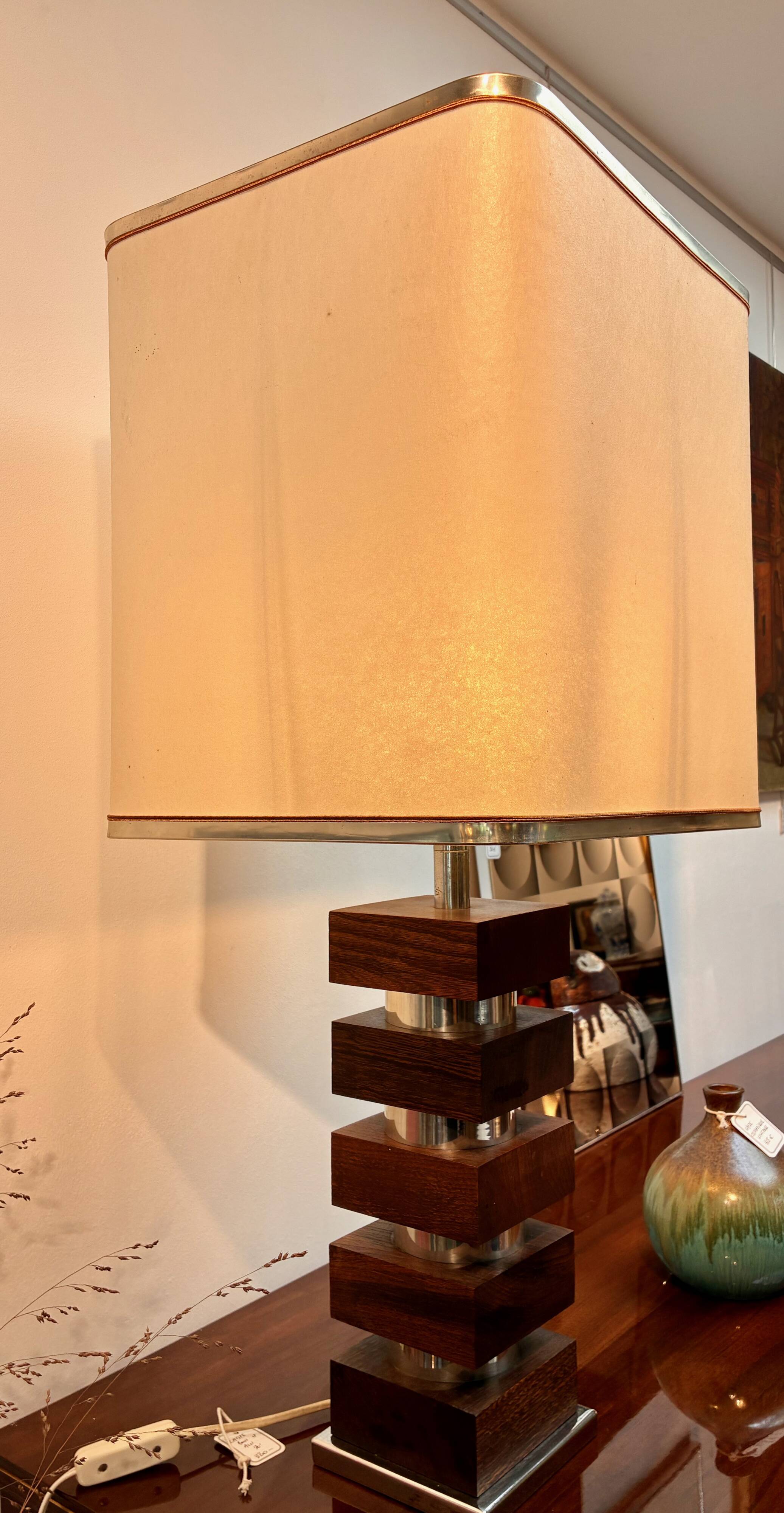 Large vintage architectural table lamp – Stacked Wood & Metal Base
