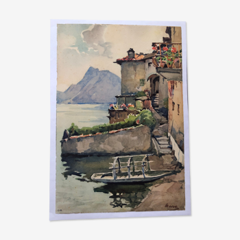 Lithograph Lugano lake Switzerland 1930