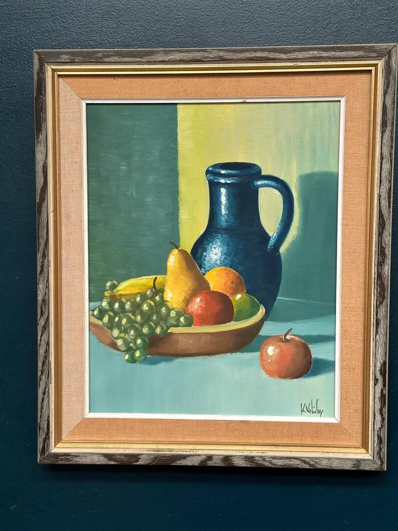 Original Swedish Oil on Canvas – 'Still Life with Fruits and Jug', Unknown Artist – Signed – Vintage and Framed – 52 × 44 cm (20.4" × 17.3")
