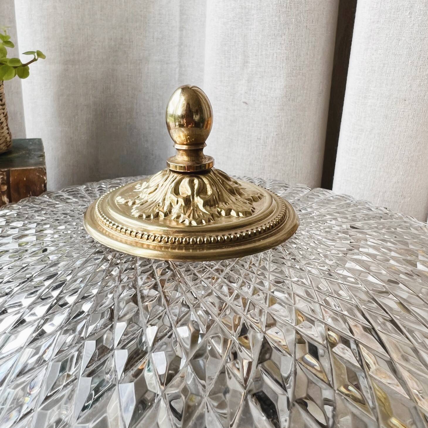 Large vintage ceiling lamp in chiseled glass and brass 34 cm