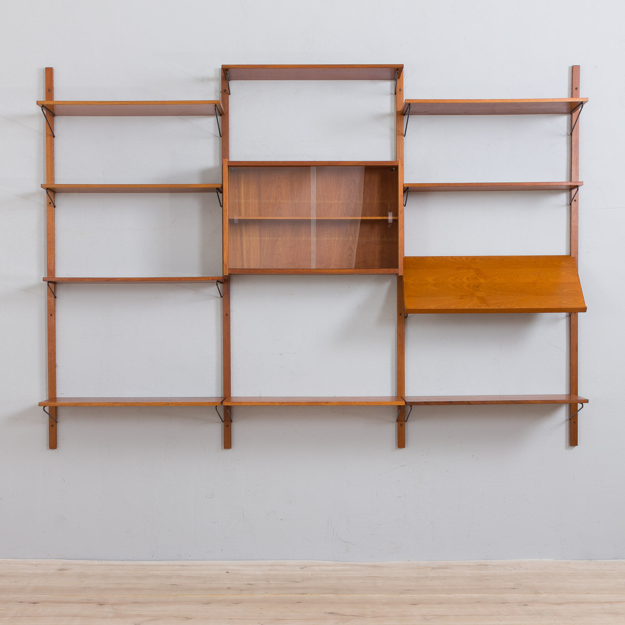 Danish mid century teak wall unit with magazine shelf and glass cabinet 1960/70s