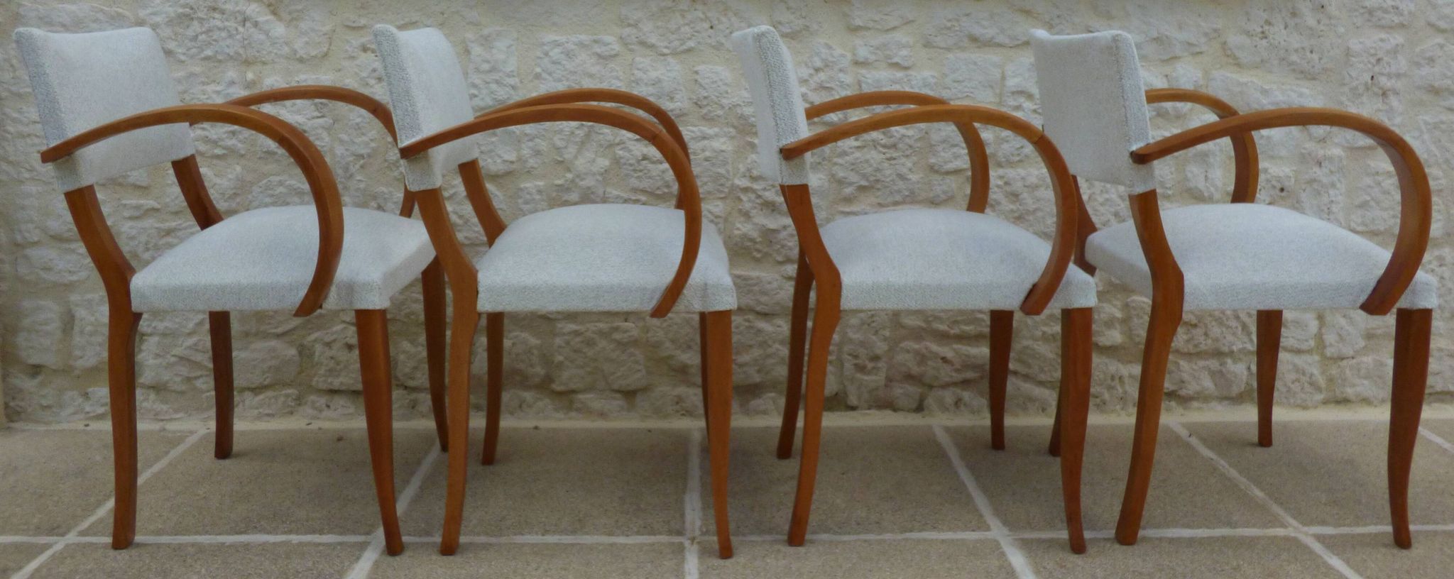 Fauteuils bridges chic année 50 en bois massif   blanc beige cousus main