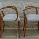 Chic 1950s bridge chairs in solid wood, white and beige, hand-stitched.