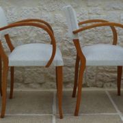 Fauteuils bridges chic année 50 en bois massif   blanc beige cousus main