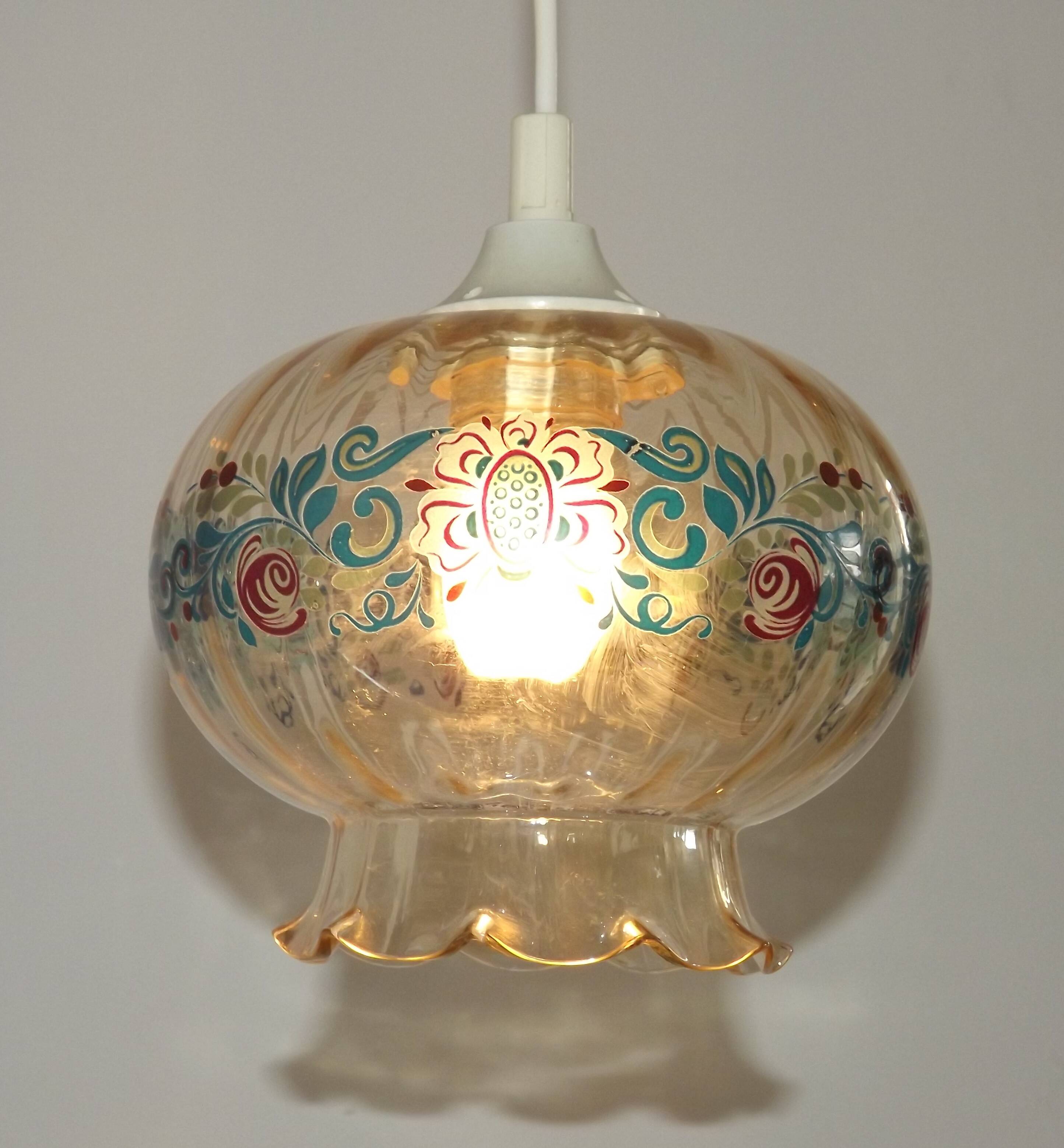 French Vintage Clear Glass Ceiling Light with Colourful Floral Decoration