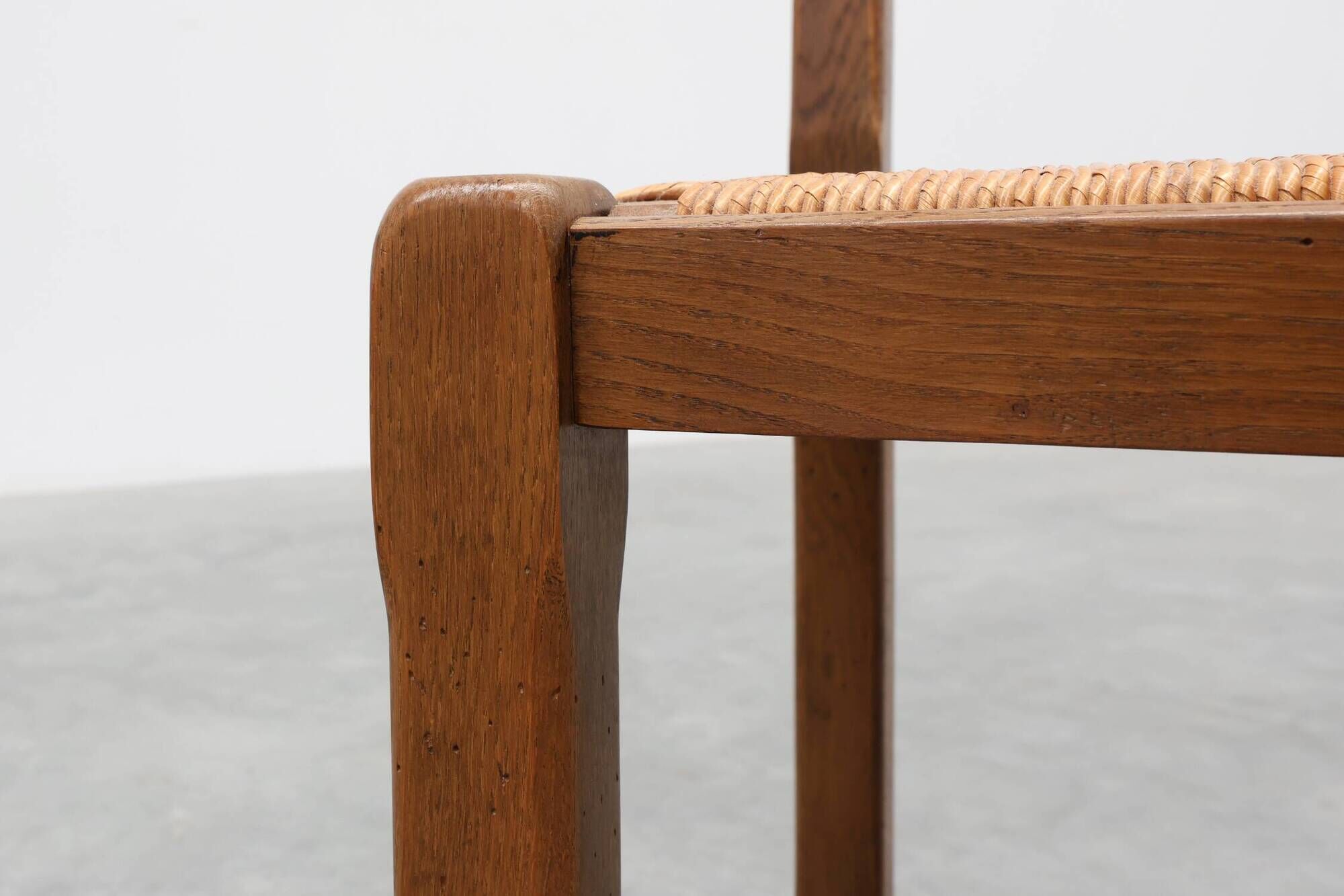 Set of 6 rustic oak ladder-back chairs with rush seats, France, 20th centur