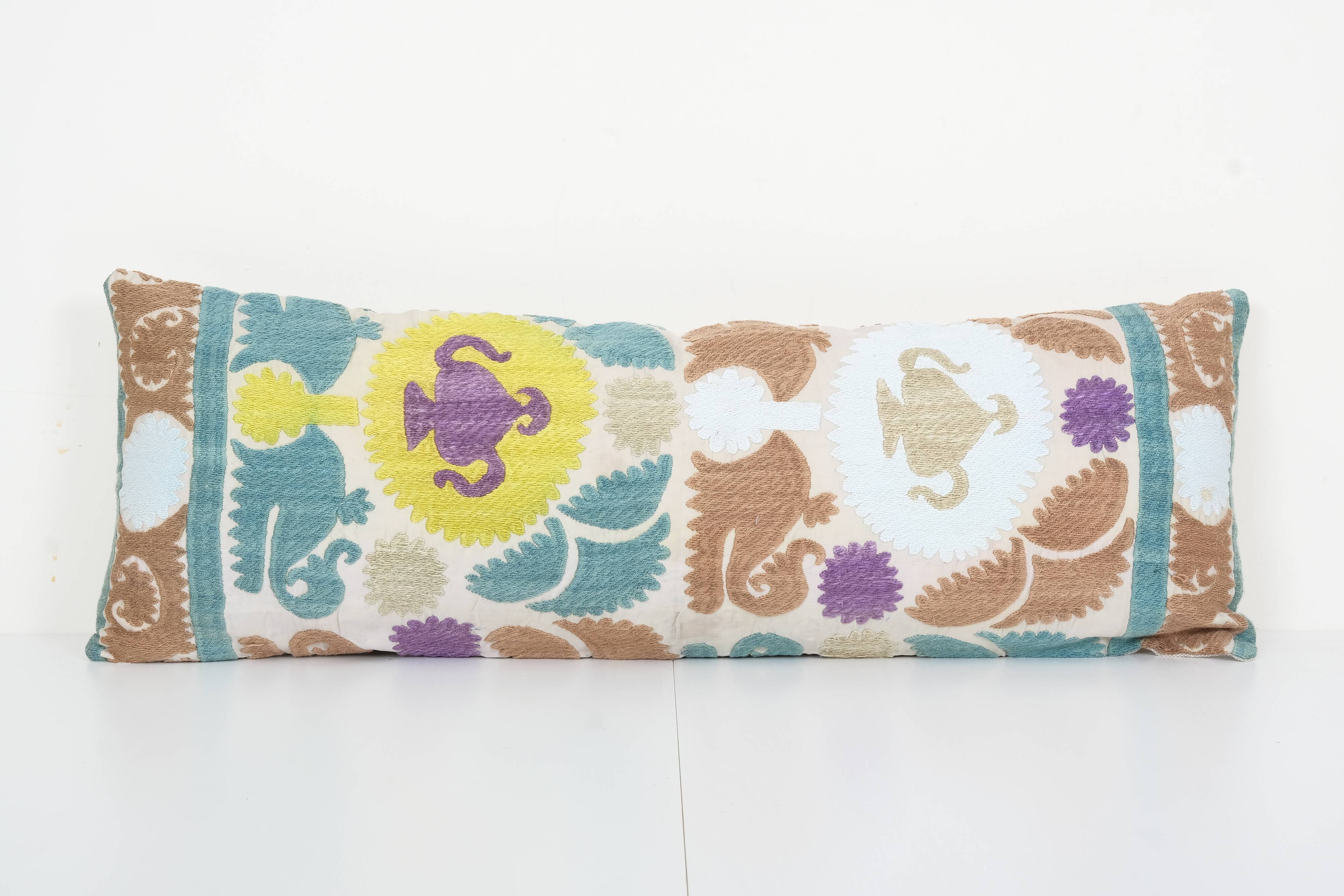 10" x 30" uzbek colorful suzani cushion cover, suzani pillow case made from a 19th century suzani