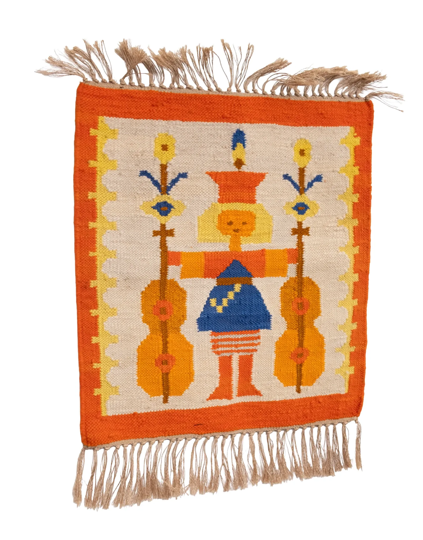 Polish Hand Knotted Square Wall Tapestry ''Musician'' 1960s Poland
