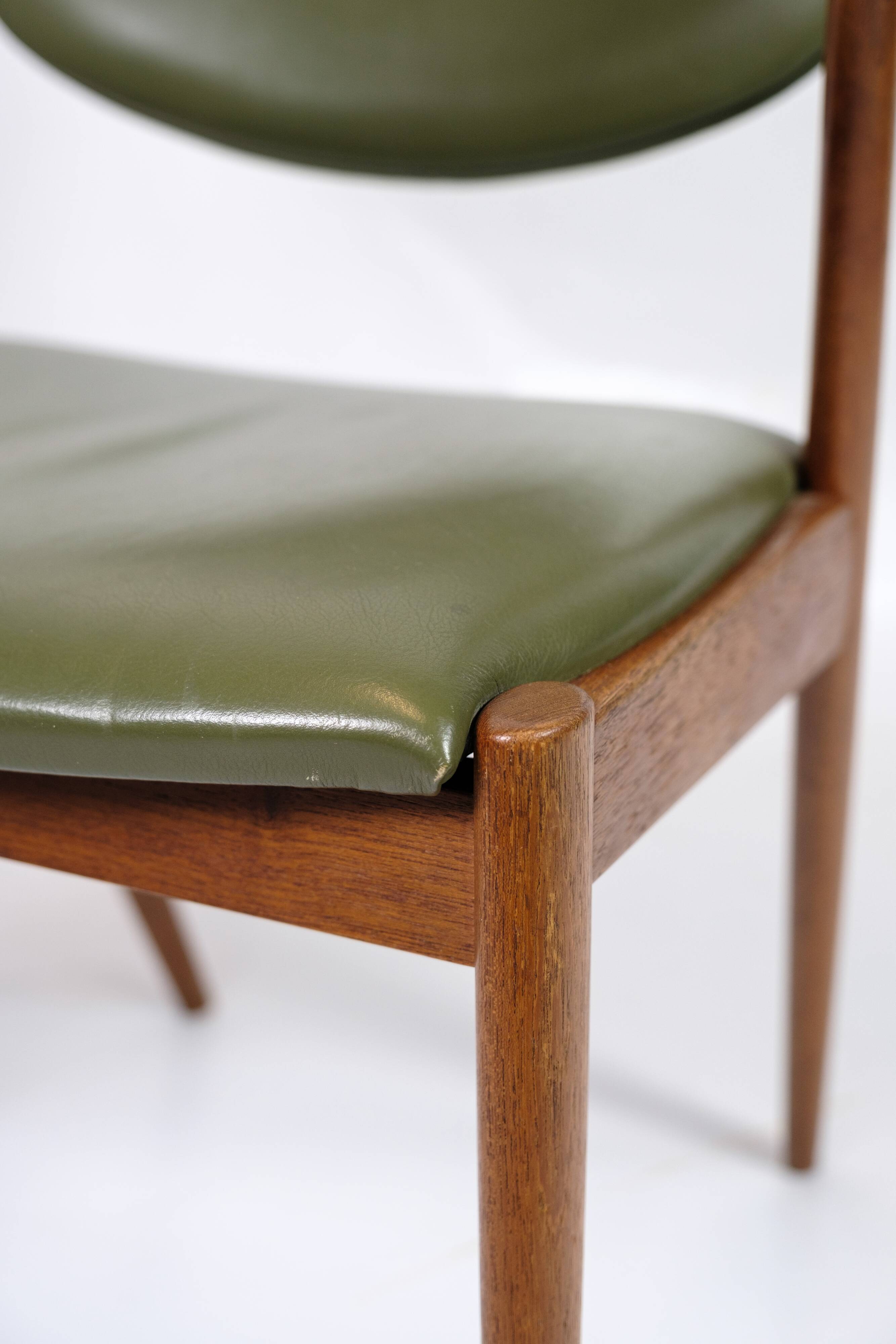 Set Of 6 Dining Chairs Model 42 Made IN Teak With Green Leather Seat By Kai Kristiansen From 1960s