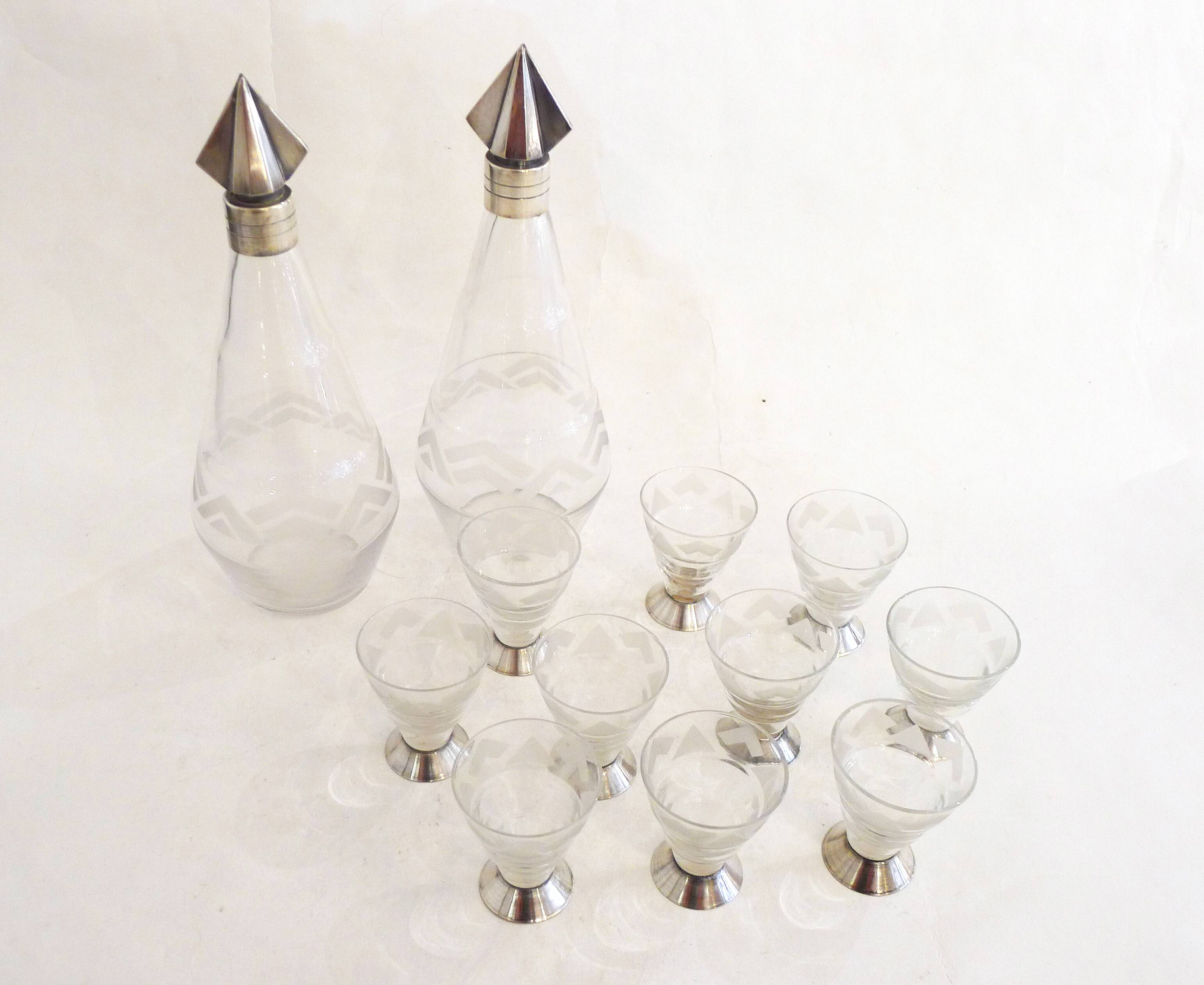 Art Deco liqueur set, glass & silver-plated metal ARGIT