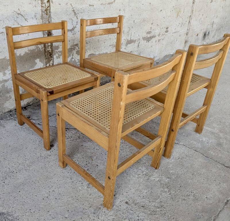 Set of 4 vintage pine chairs with cane seats