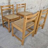 Set of 4 vintage pine chairs with cane seats