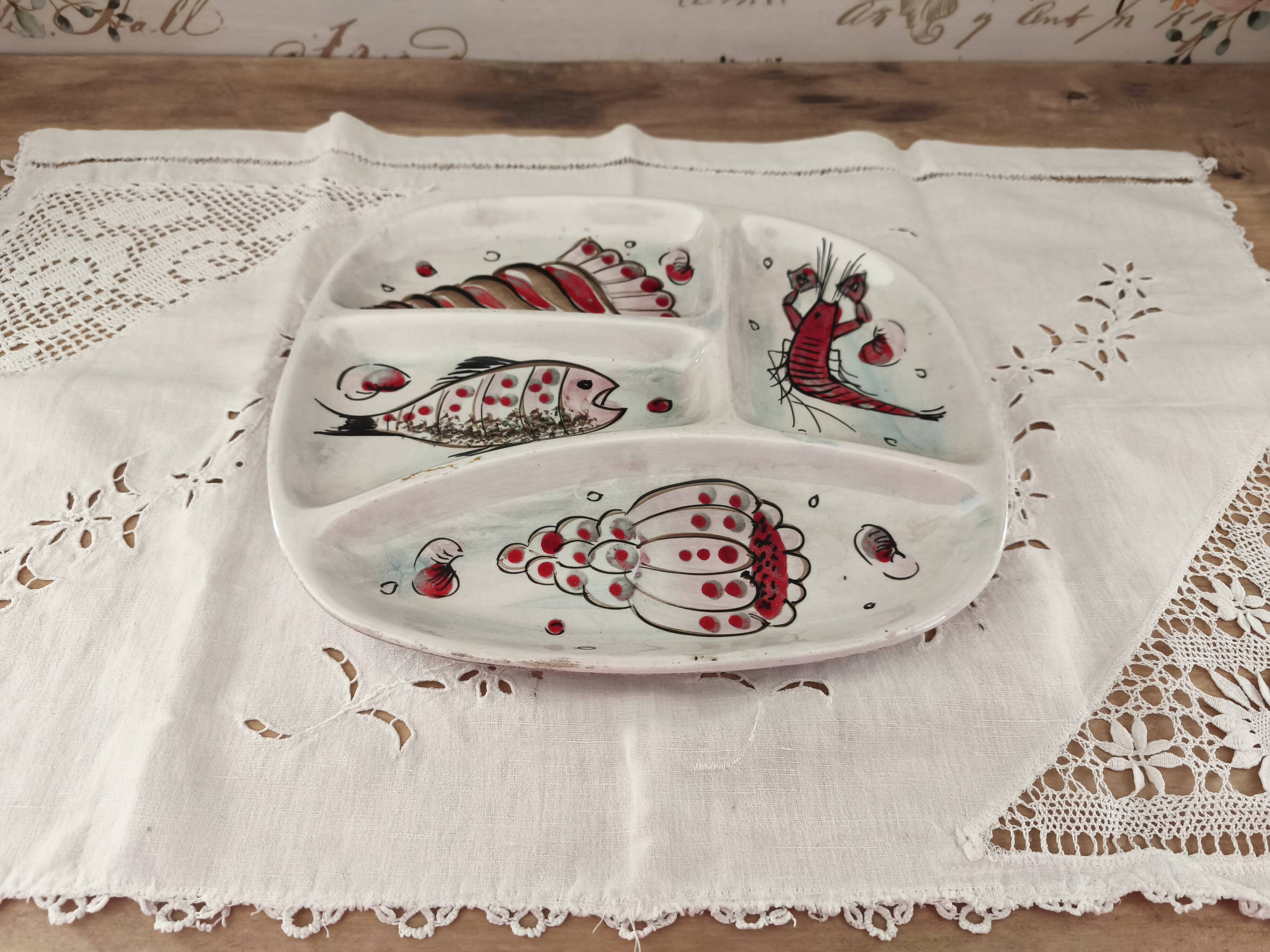Vintage 4-compartment dish with seafood decor