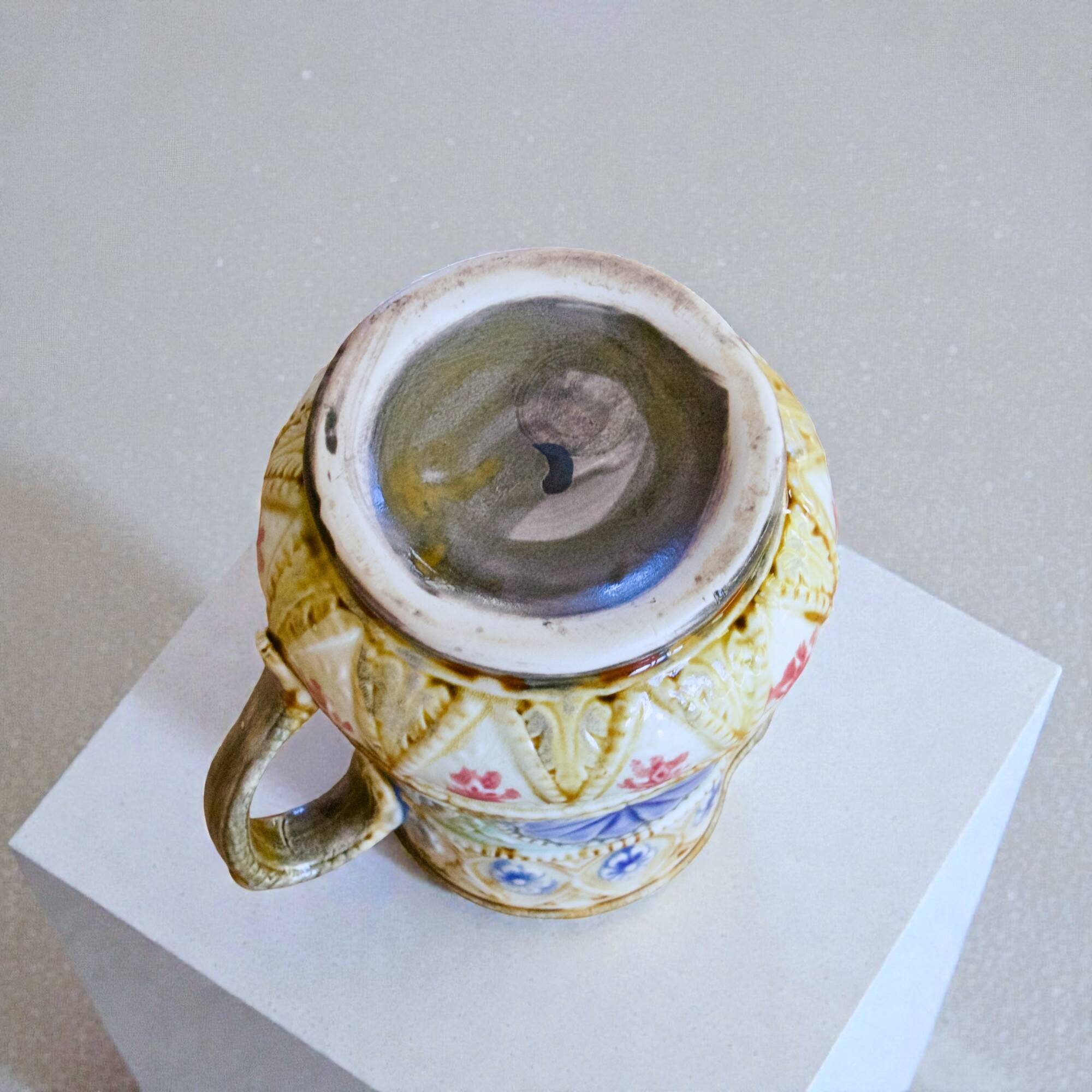 19th-century antique pitcher in polychrome majolica signed Nimy-les-Mons.