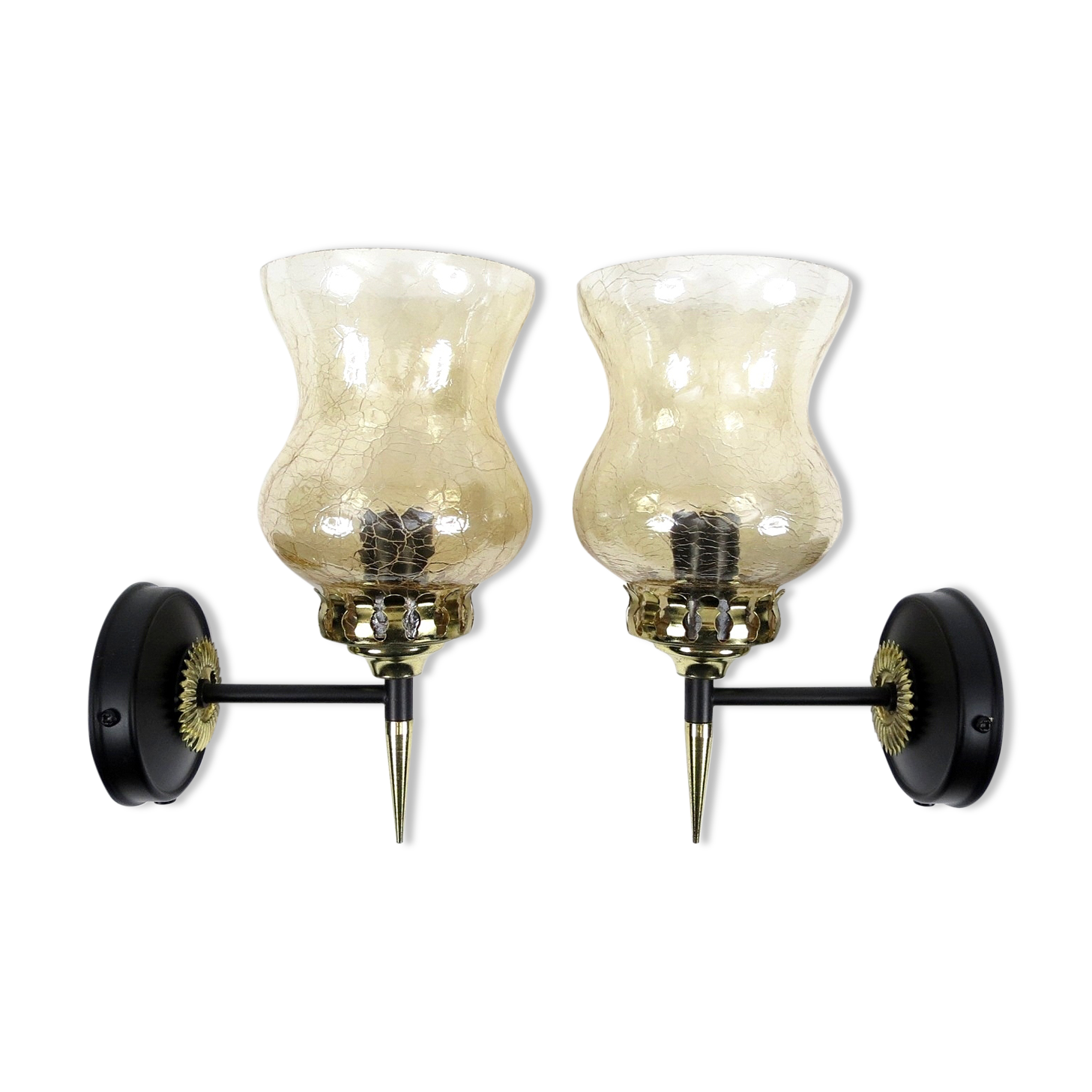Pair of french brass and cracked glass wall lights, 1950s