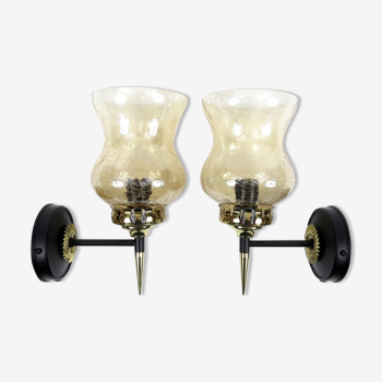 Pair of french brass and cracked glass wall lights, 1950s