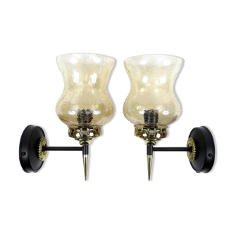 Pair of french brass and cracked glass wall lights, 1950s