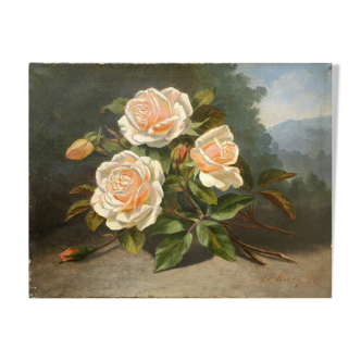 Painting "Gardened Rose Jetty" Flowers by Pierre Jules BROCQ (1811-?)