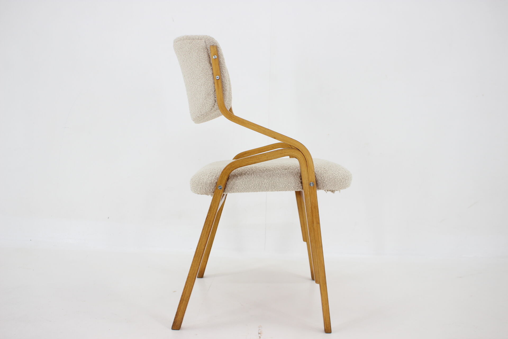 1970s ludvík volák four bentwood dining chairs in boucle fabric, czechoslovakia