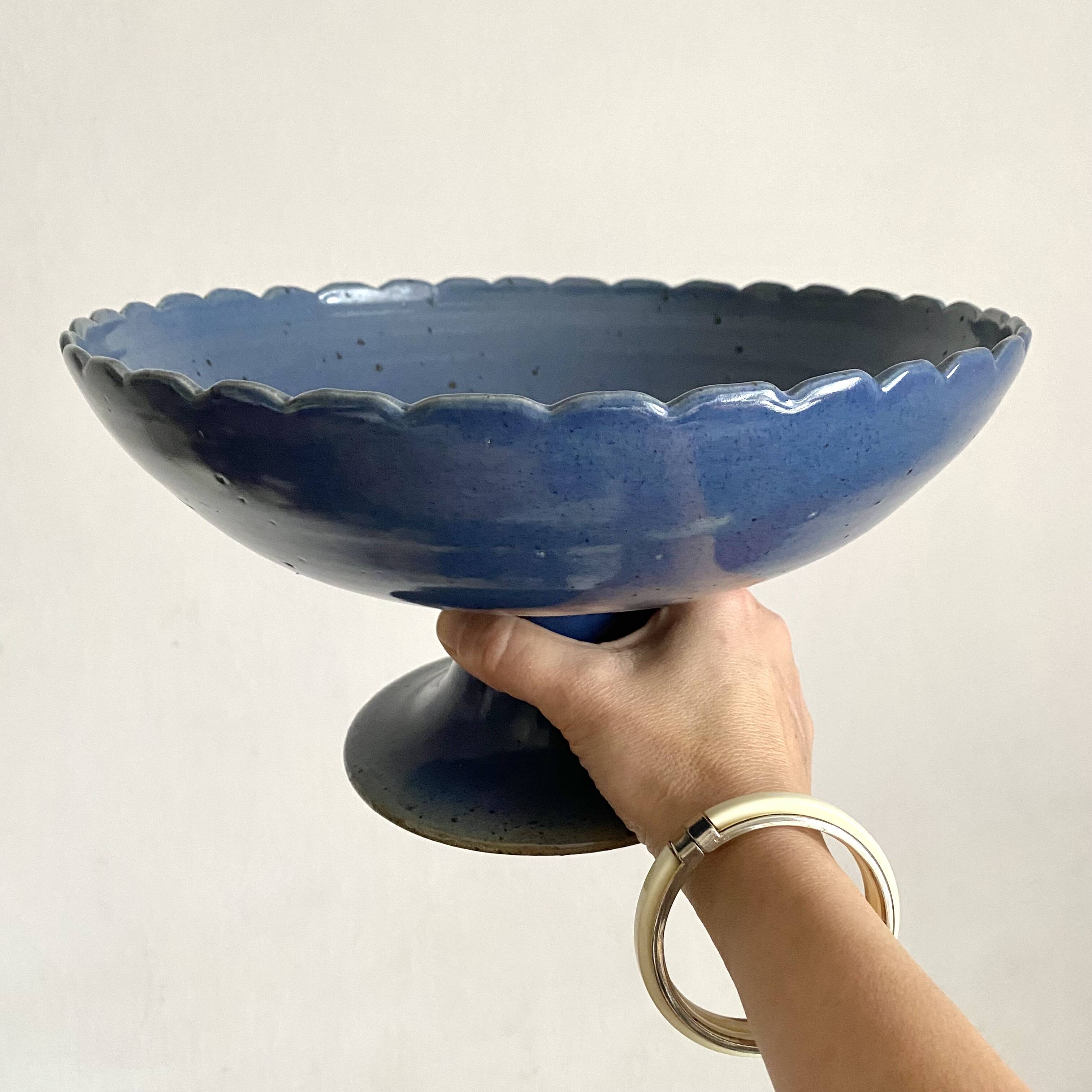 Signed blue stoneware fruit bowl