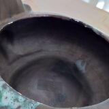 Vintage modernist soup tureen from the 60s-70s, matte brown ceramic and green glaze.