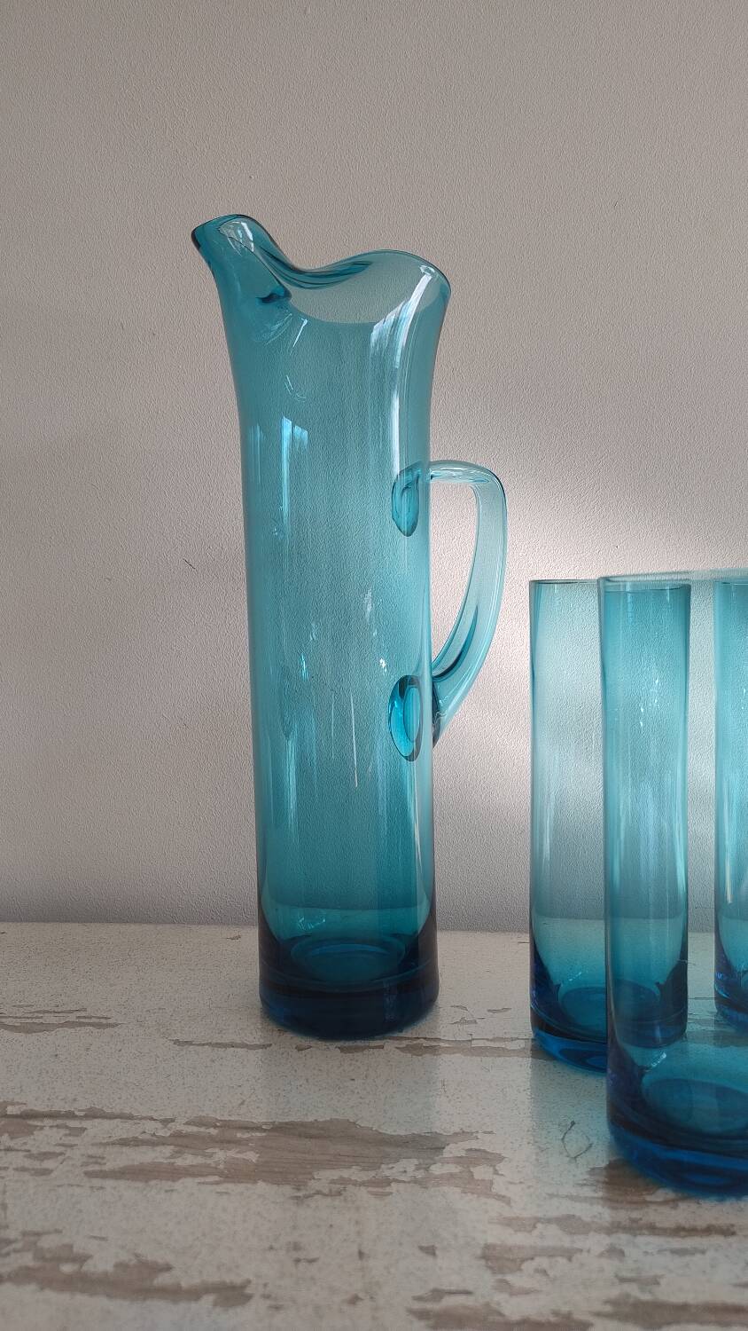 Vintage blue glass water service – carafe + 6 glasses