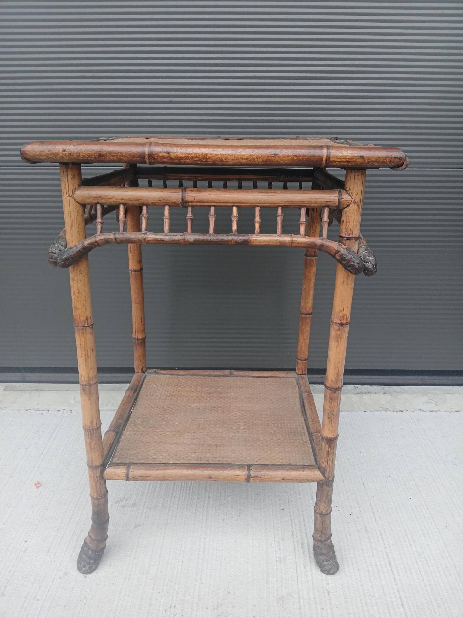 burnt bamboo side table and grass fabric