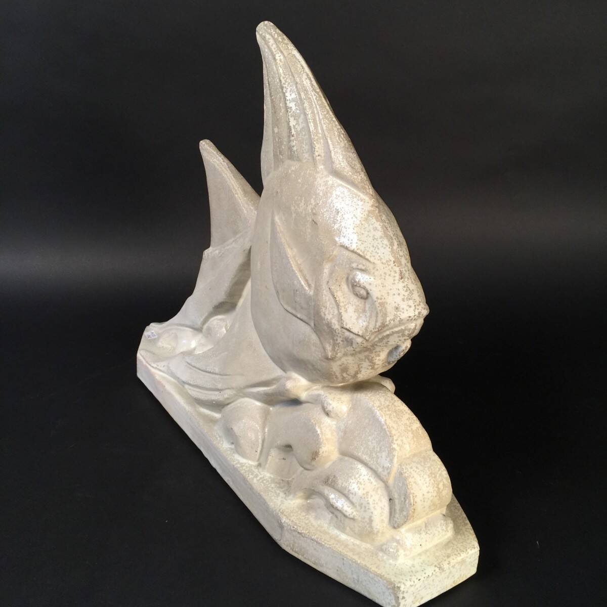 Salt-glazed stoneware sculpture, Roger Guérin, stylised fish, Art Deco