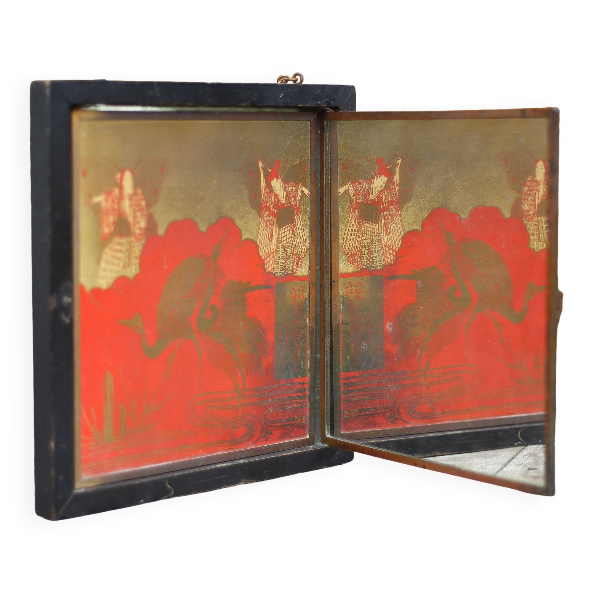 Vintage triptych mirror, wall mirror, barber mirror, collection, Asian pattern mirror