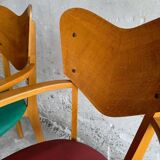 Set of 6 René-Jean Caillette Heart-Shaped Chairs, Bent Wood with Green & Burgundy Upholstery