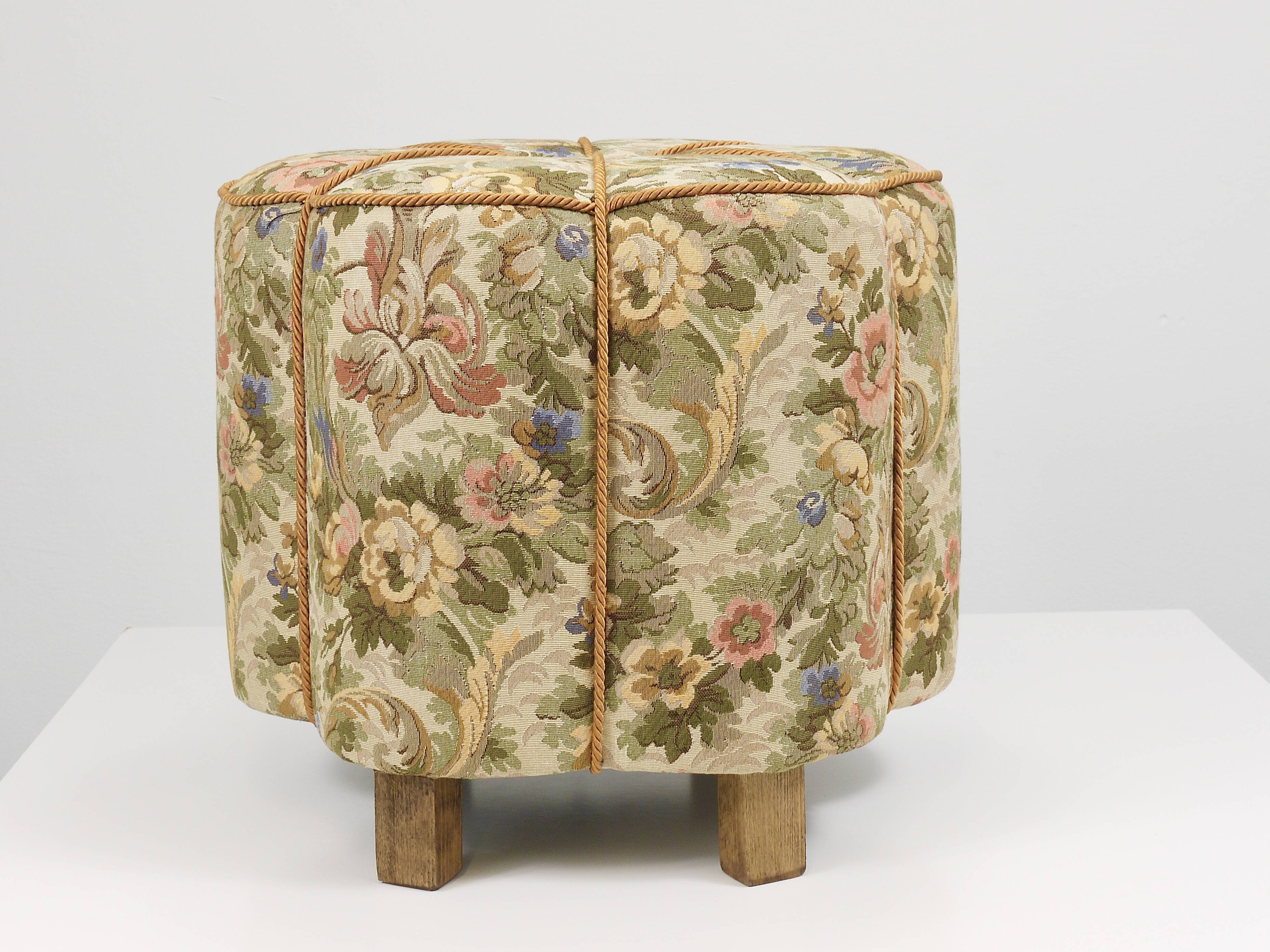 Art Deco Floral Tapestry Stool, Tabouret, Pouf, Ottoman, Vienna, Austria, 1