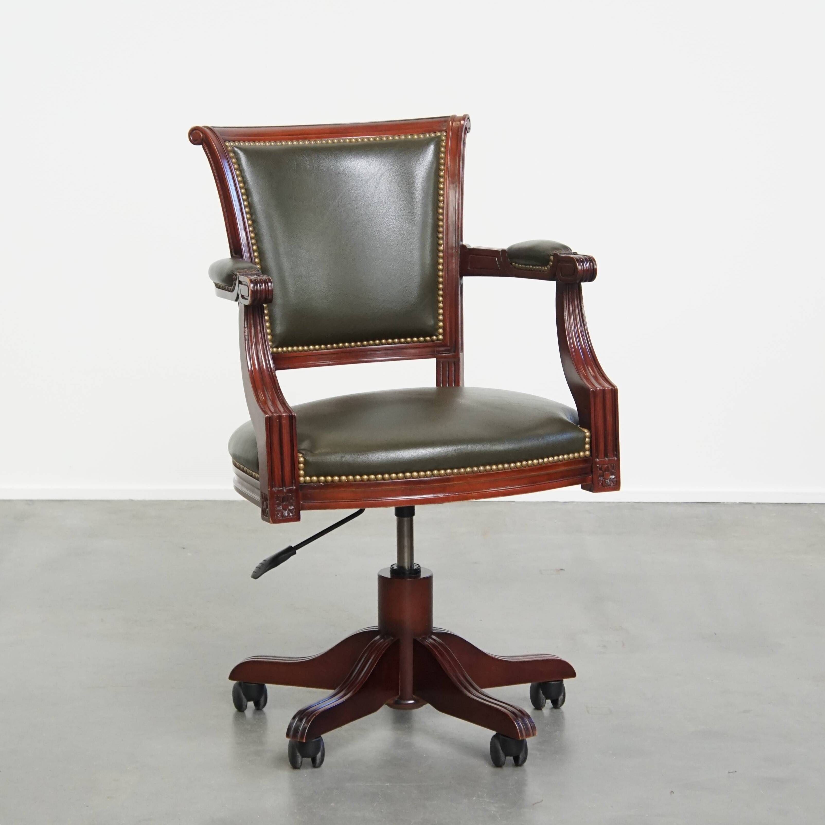 Green Cowhide Leather and Wooden Office Chair in English Style on Casters