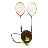 Diamond Badminton Racket Pair Wood + Metal + Leather Case TANNS Vintage