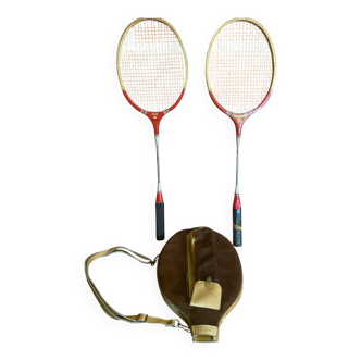 Diamond Badminton Racket Pair Wood + Metal + Leather Case TANNS Vintage