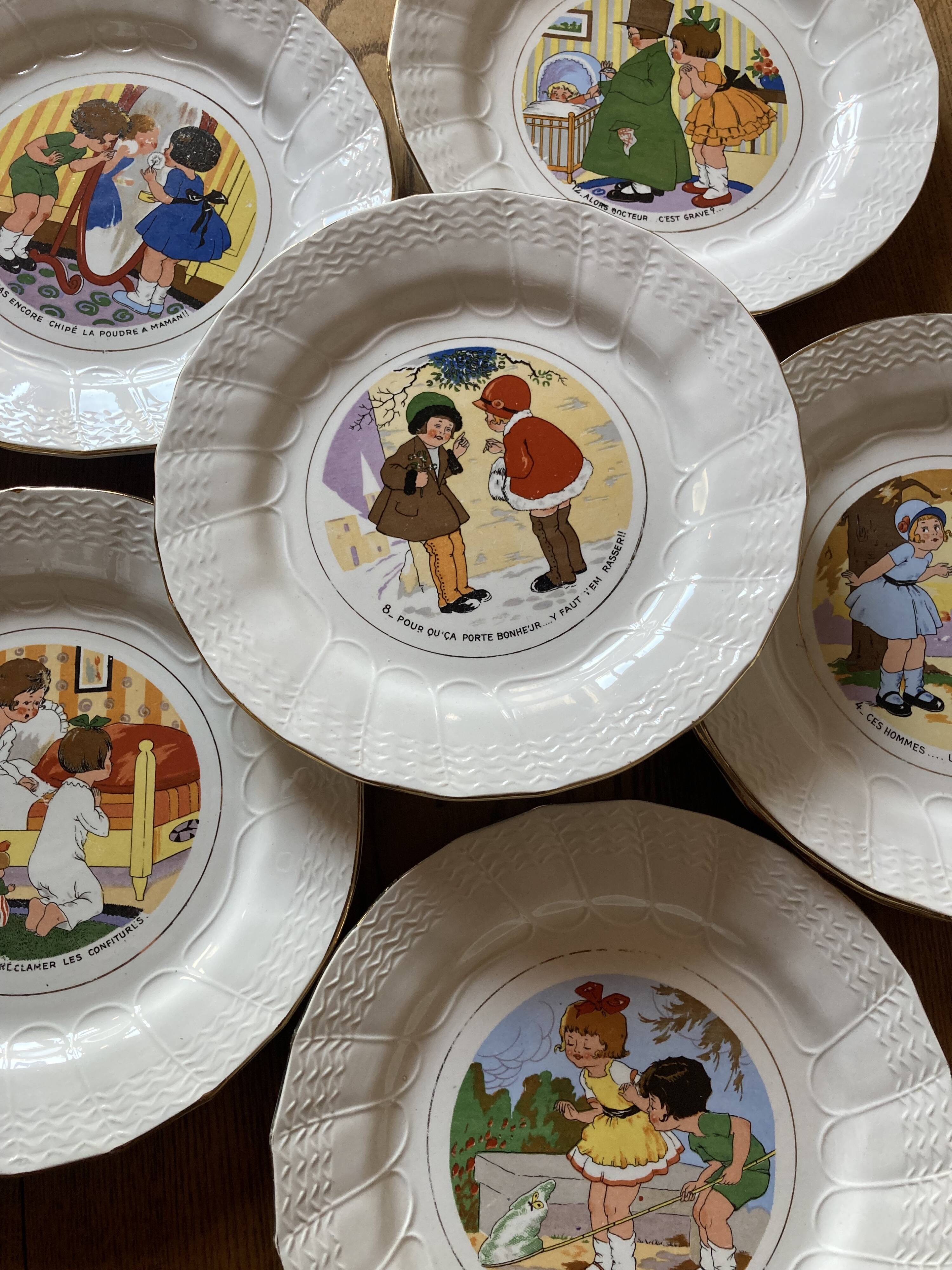 6 talking plates Digoin Sarreguemines "Enfants Bicot"