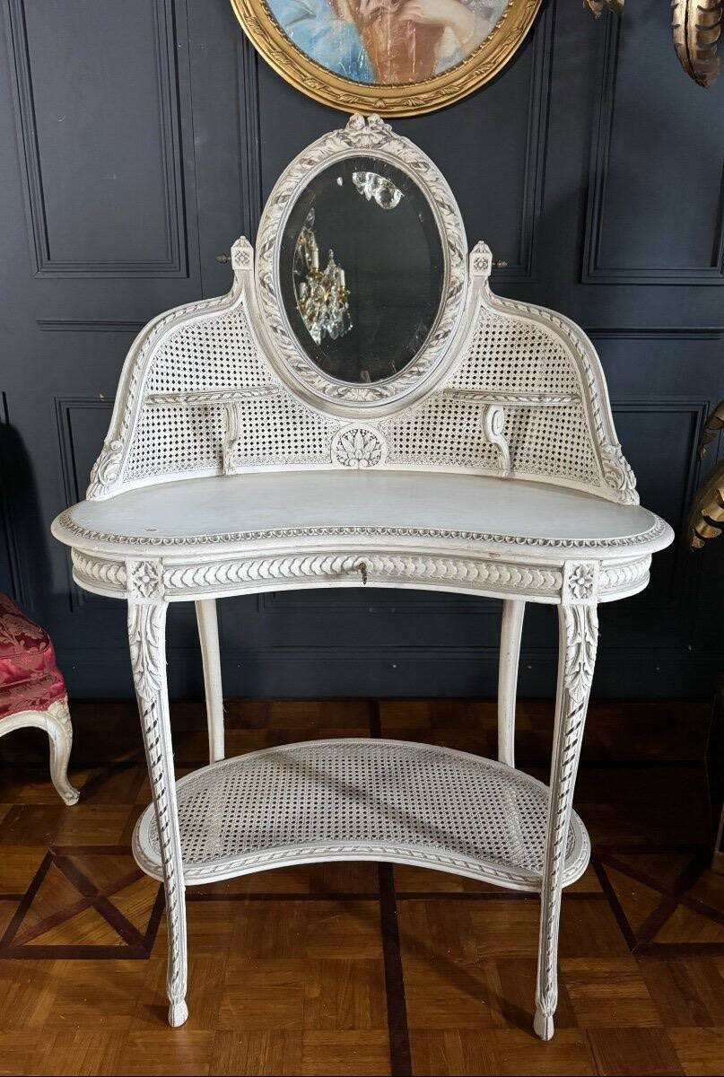 Coiffeuse du XIXe en bois peint et cannage de style Louis XVI