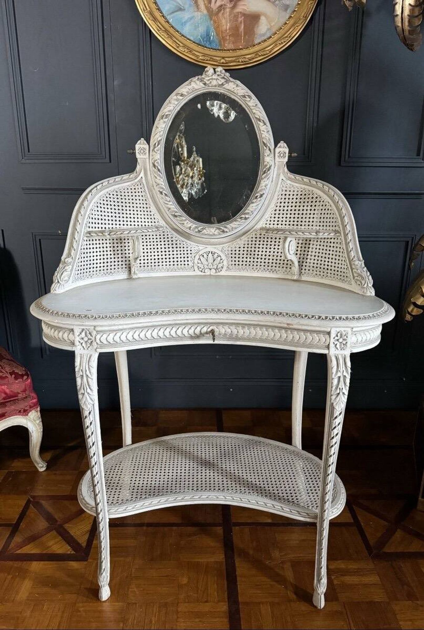 19th-century painted wood and caned dressing table in Louis XVI style.