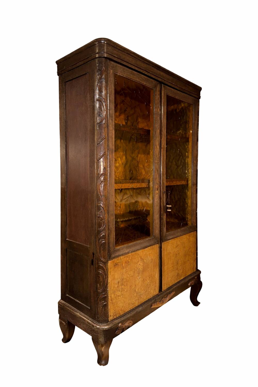 Art Deco display cabinet in oak with amber glass panels – 1930s