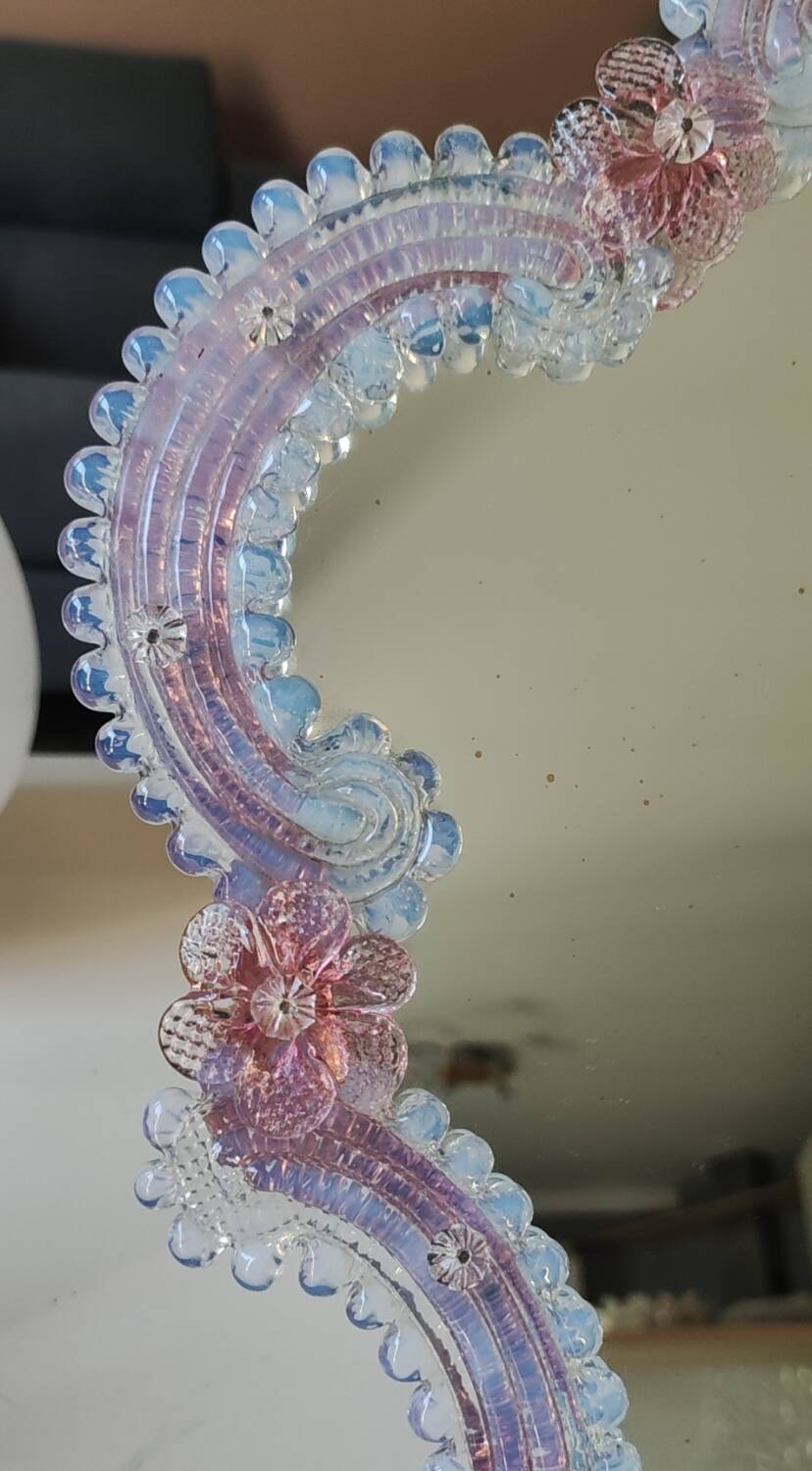 Iridescent blown glass mirror table/dressing table Murano. Floral patterns.