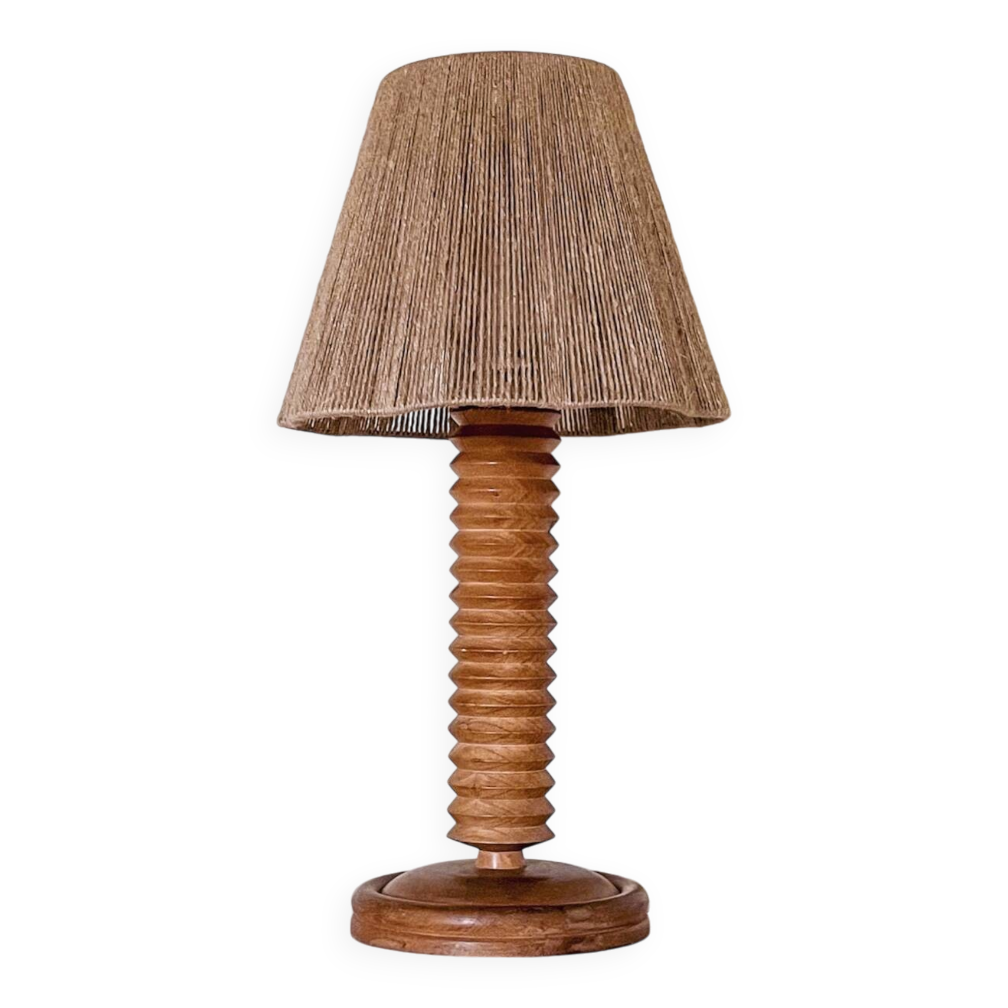 Turned wood lamp and jute lampshade