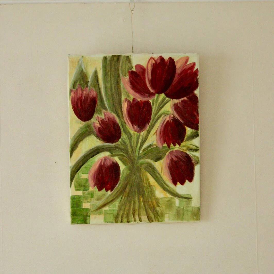 Nature morte aux tulipes – toile vintage d'un artiste non identifié