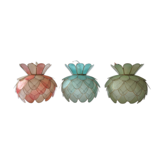 Vintage pendant lamps in colored mother-of-pearl and brass