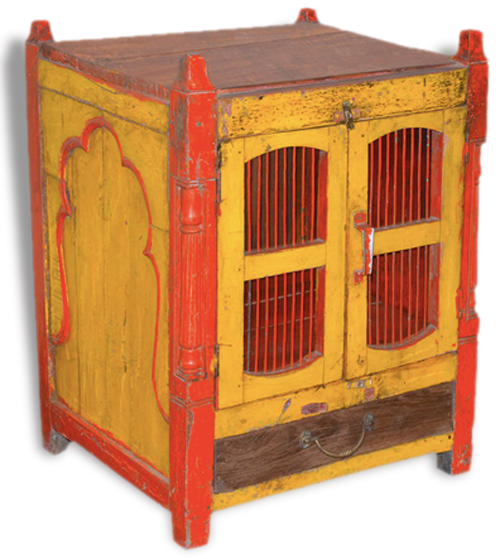 Ancient temple in Burmese teak with 2 doors openwork forged iron and its yellow and Red original patina