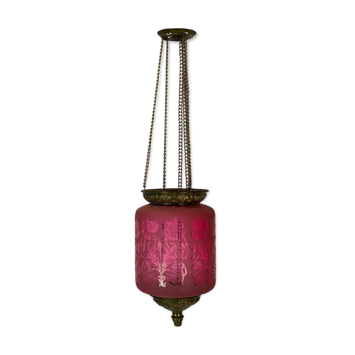 Antique pendant of pink opaline glass with brass edge by Funen's Glassworks, 1860s