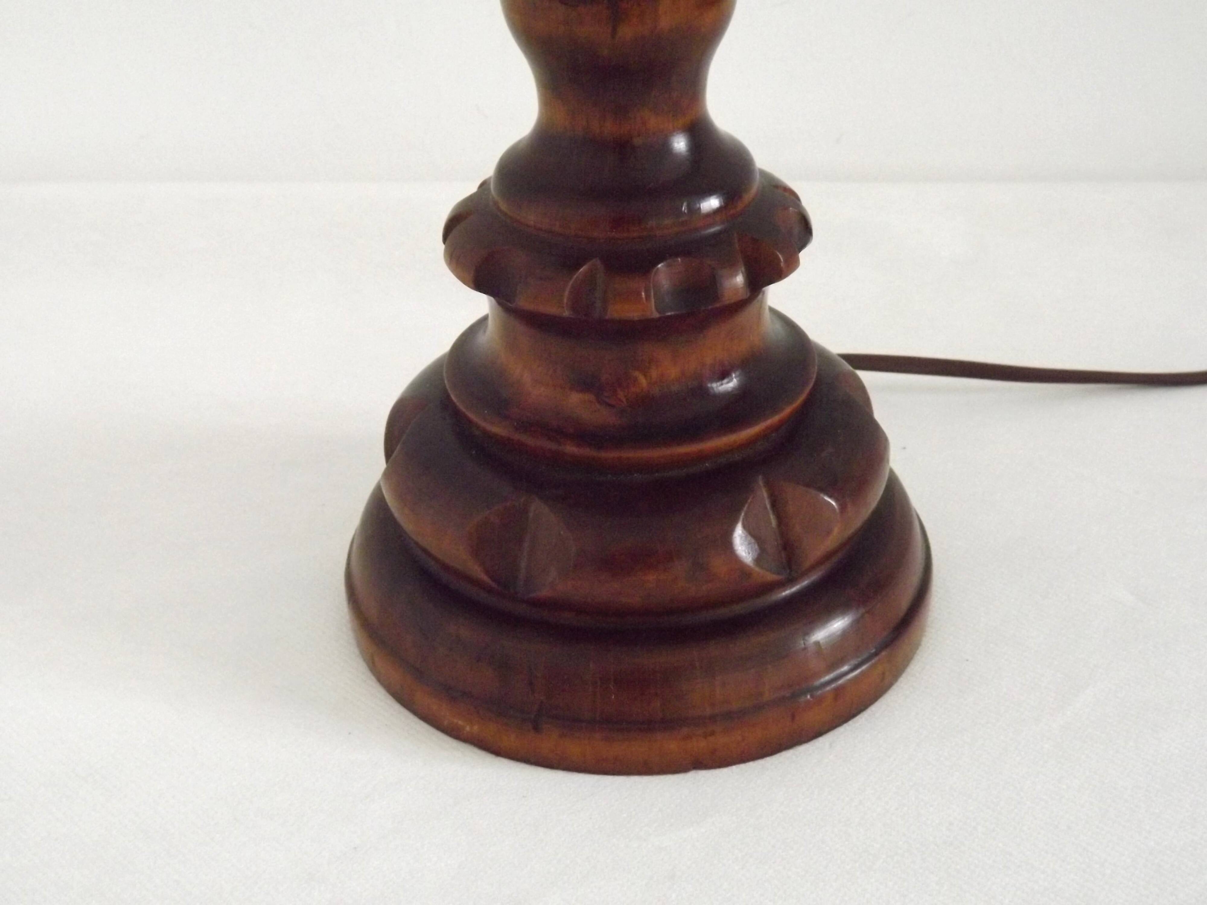 Vintage French Country Table Lamp Carved Turned Wood Base & Hide Skin Shade