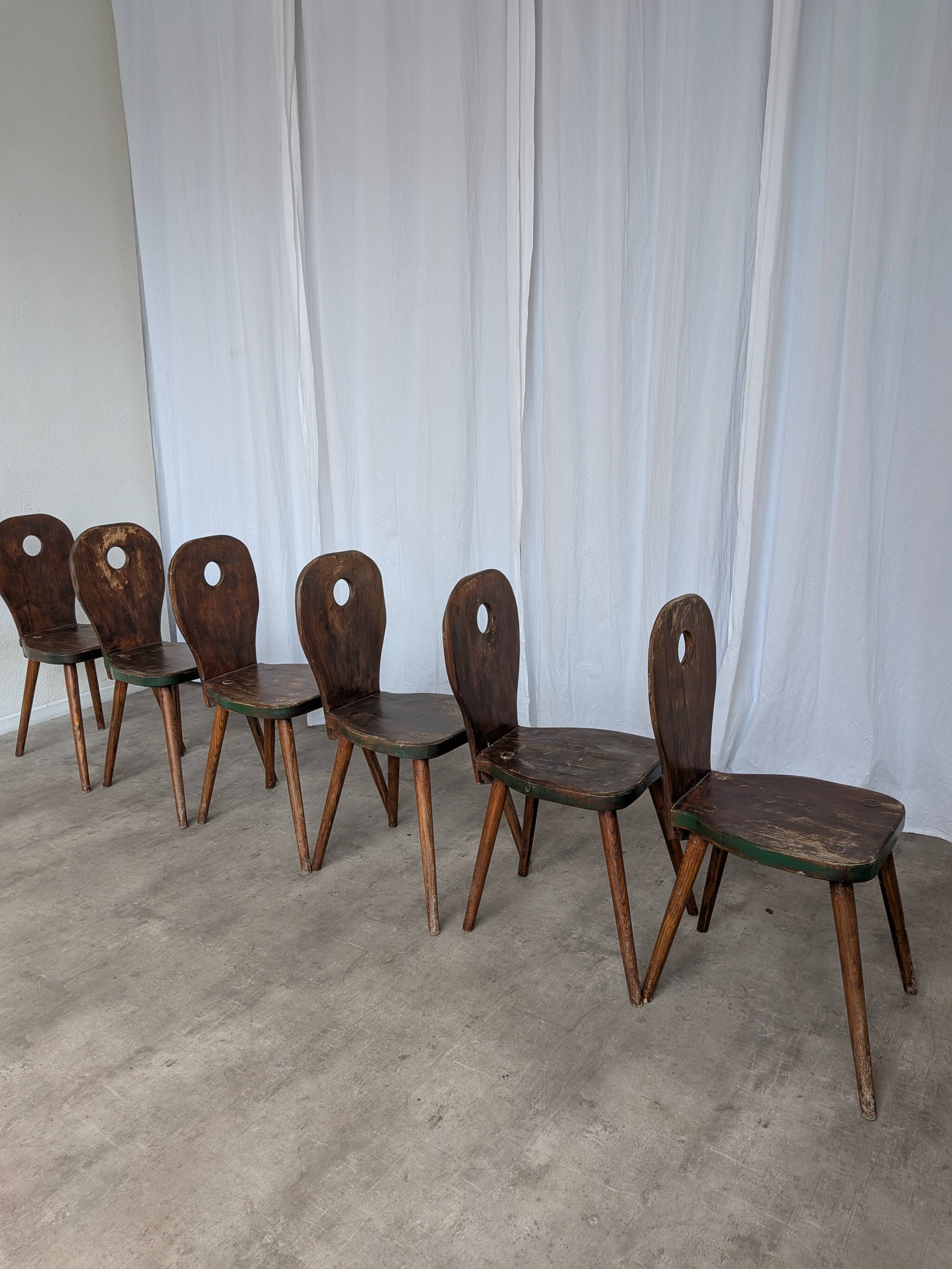 Set of 6 Vintage Brutalist Wooden Chair / Rustic Farmhouse Dining Chair