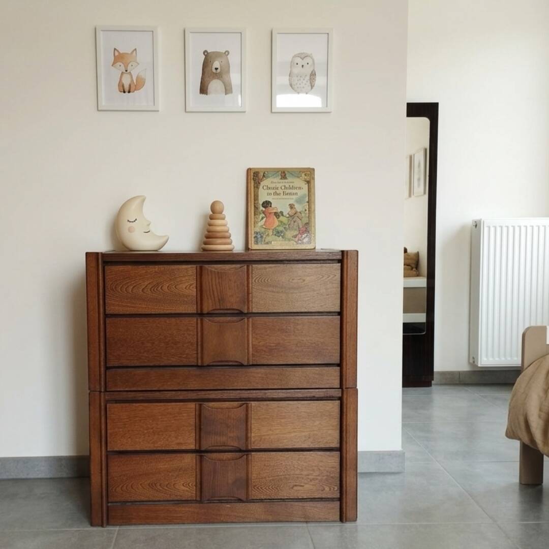 Pair of vintage Scandinavian design modules, bedside table, chest of drawers, sideboard, table.