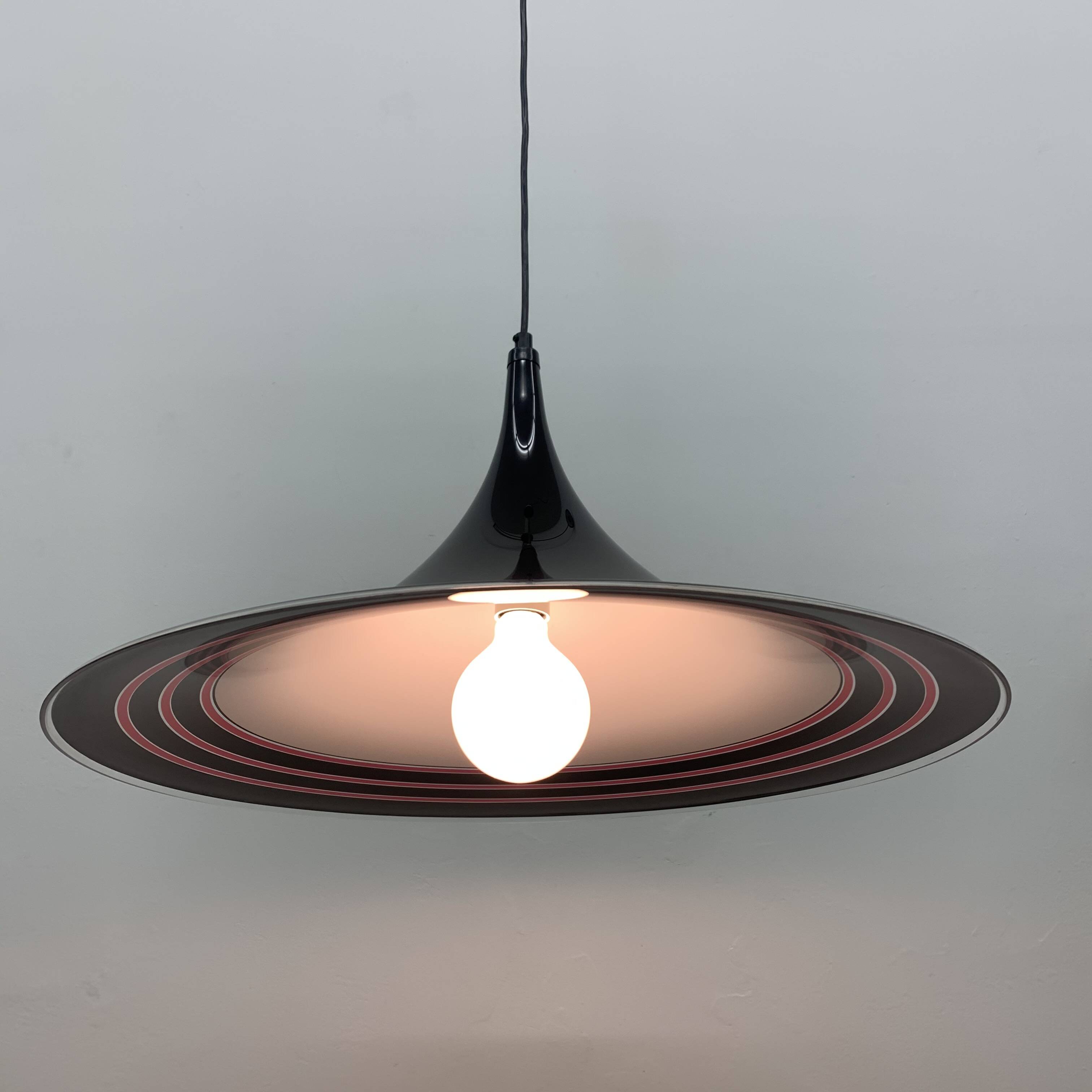 Vintage plastic meblo guzzini black trumpet hanging lamp , 1980’s