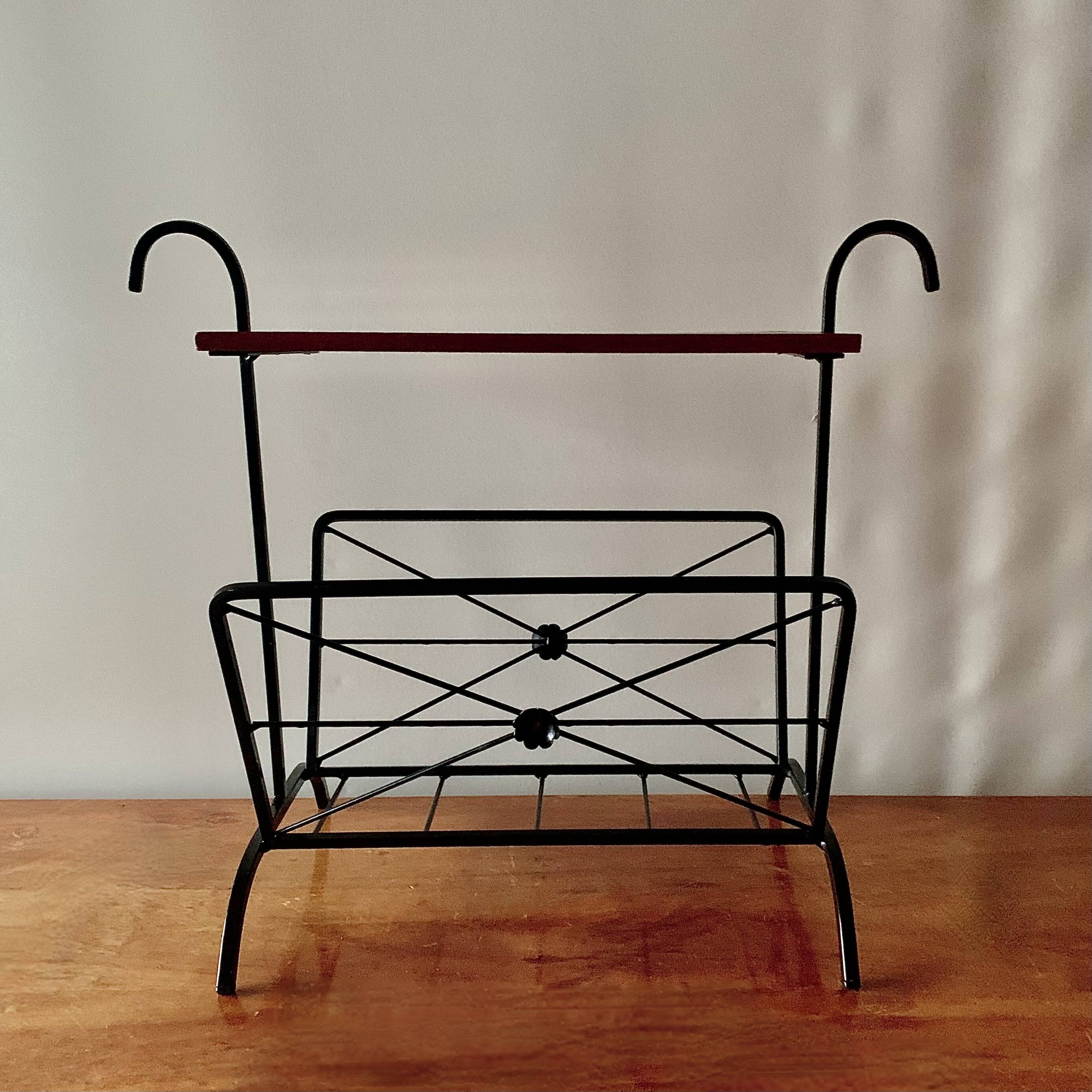 Vintage magazine rack and harness in wood and wrought iron
