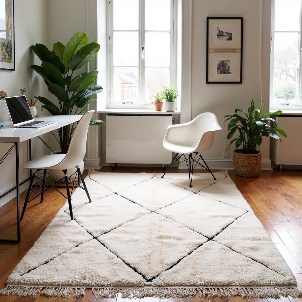 Tapis blanc Beni Ourain en laine 2.5X1.5m motif losange berbère tissé main